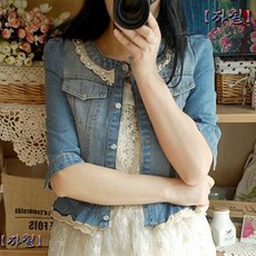 자칠 레이스 프릴넥 슬림핏 청자켓 S-2XL 러플 포인트 데님재킷_vi0378