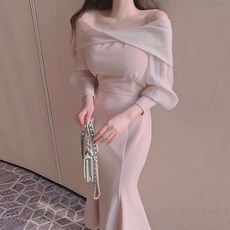 오프 숄더 머메이드 롱 원피스 여성 초봄 원피스 시크 우아 퍼프 소매 보트넥 나시 원피스 꼬임 디자인