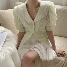 [랜덤플레이] 쉬폰 빅카라 플라워 자수 반팔 블라우스