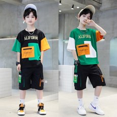 삐삐네옷가게 남아 주니어 오렌지스퀘어 여름 반팔 반바지 상하셋