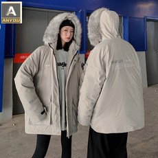 ANYOU 홍콩풍 커플 도톰 패딩 겨울 보온 트렌드 다운 점퍼 루즈핏 멋스러운 빅 퍼 칼라 패딩 점퍼 롱패딩