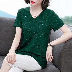 SJW 여름 반짝이 반팔티셔츠 순면 브이넥 루즈핏 빅사이즈 상의 중년여성 엄마 상의 M~5XL