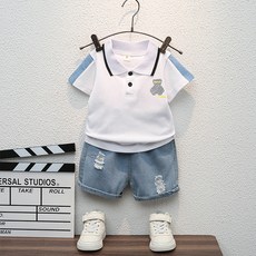 루라줌) 아기 유아 아동 키즈 돌아기 두돌 3살 4살 어린이 여름 면티 그레이 스케치 베어 카라 반팔티 반바지 상하복세트 어린이집 여름옷 등원룩 외출복 캐주얼 세트 조카선물 트레이