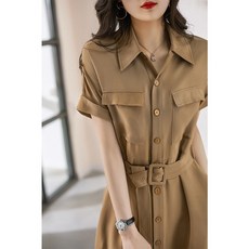 ANYOU 트렌치 원피스 럭셔리 통근 솔리드 스트랩 반팔 조임 미디 원피스