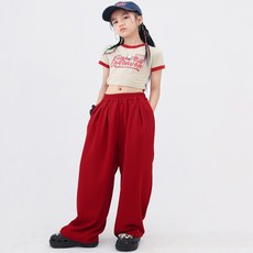 유리유니 겨미 크롭 티셔츠 + 와이드 투턱 팬츠 레드컬러 댄스 아이돌 패션