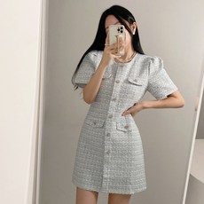 [발리걸] 하객룩 프렌치 트위드 라운드넥 반팔 원피스