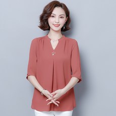 아이엠몽 여성용 브이넥 진주 쉬폰 데일리룩 홀알드 7부 블라우스
