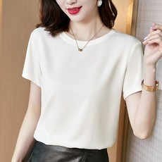 여성 기본 화이트 여름 반팔 새틴 블라우스 흰색 원단 서양식 실크 탑 용 작은 셔츠 실크 티셔츠 폴리에스테르 네이비 블랙 베이지