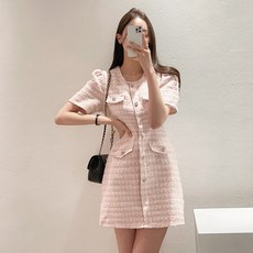 [발리걸] 하객룩 프렌치 트위드 라운드넥 반팔 원피스