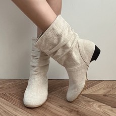 린넨 패브릭 통넓은 우드 미들굽 앵클 여름 마부츠 블랙 브라운 아이보리 3cm