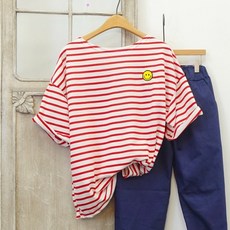 스마일 패치 스트라이프 단가라 루즈핏 반팔 롱 티셔츠