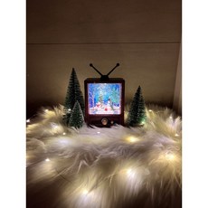 율앤율 크리스마스 장식 세트 (빈티지TV 오르골 + 미니트리 3개 + 화이트 퍼 러그 + LED 와이어 전구)