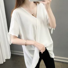 마더브띠 여성용 언발런스 루즈핏 브이넥 롱 블라우스