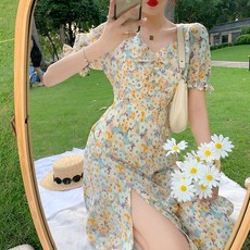 미화부장 여름 슬림 반팔 브이넥 퍼프 소매 플라워 쉬폰 롱원피스 데일리 스타일 여성복 캐쥬얼 원피스