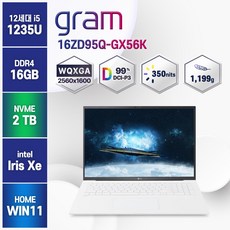 [한컴오피스/무선마우스 증정] LG 그램16 2023 12세대 i5 16ZD95Q-GX56K, 화이트, 16ZD95Q, 코어i5, 2TB, 16GB, WIN11 Home