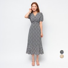 캐럿 여성용 프론트 셔링 플라워 반팔 원피스