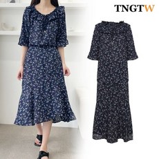 TNGTW 플라워 블라우스 벨라인스커트 셋업 네이비 THA0CBC81 HNV