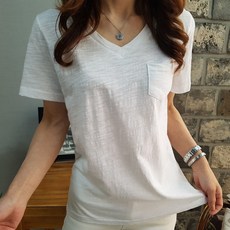 상상그이상 여성용 슬라브면 무지 브이넥 포켓 반팔 티셔츠