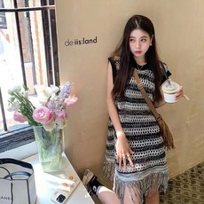 니트 나시 아우터 디자인 펀칭 스트라이프 민소매 조끼 수술 원피스