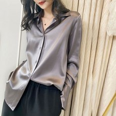 패션 라펠 버튼 솔리드 컬러 올 매치 새틴 셔츠 여성 의류 가을 신제품 캐주얼 탑스 루즈 오피스 레이디