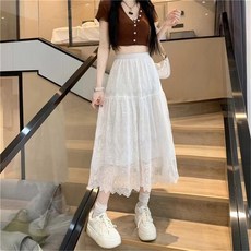 햅번스커트 바스락스커트 여성용 화이트 레이스 프릴 얇은 명주 그물 스커트 블랙 A 라인 롱 대학생 거즈 할로우 미디 플리츠 봄 여름