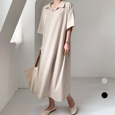 보에리에 여성용 오픈 카라 반팔 롱 원피스
