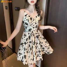 Mangoxiniu 여름 빈티지 블랙 프린트 나시 원피스