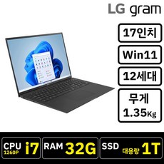 엘지 그램 17인치 초경량 인텔 i7 12세대 윈도우11 그레이 16GB 512GB 블랙 32GB 1TB, BLACK, 17Z90Q-K.AAC9U1, 코어i7(1260P), WIN11 Home