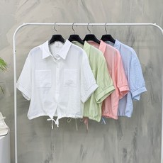 행복여[신상무배]틴트 양 포켓 밑단 스트링 반팔 셔츠 블라우스