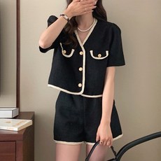 [레티고] 트위드 금장 버튼 자켓 반바지 투피스 세트